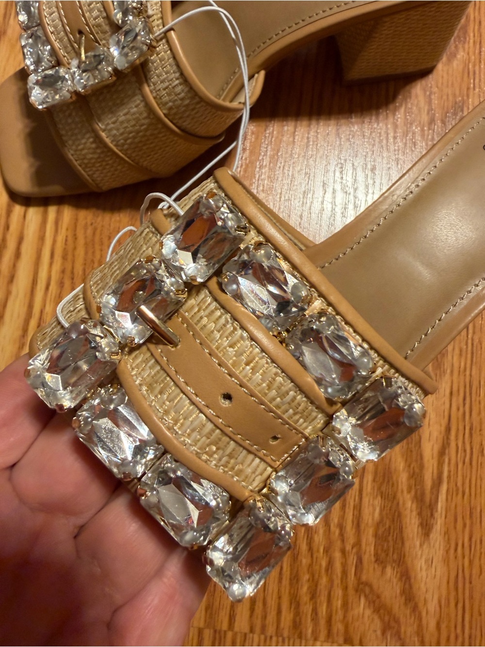Tan Rhinestone Buckle Block Heel - Picture 4 of 5